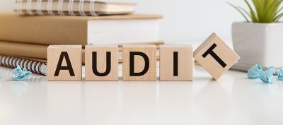 The word "AUDIT" spelled out on five wooden blocks sitting on a table, with a stack of books and a plant in the background