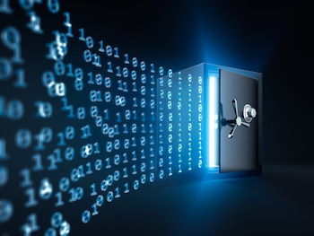 A safe with the door slightly ajar with glowing blue light coming out of it and a series of 1's and 0's