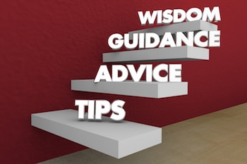 3D illustration of white steps on a red wall. Each step has a different word on it. The words are "Tips, Advice, Guidance and Wisdom"