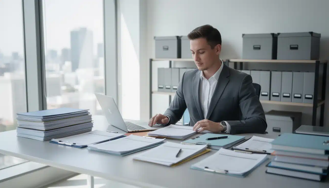 A business professional sits at a desk with stacks of documents in front of a large window.