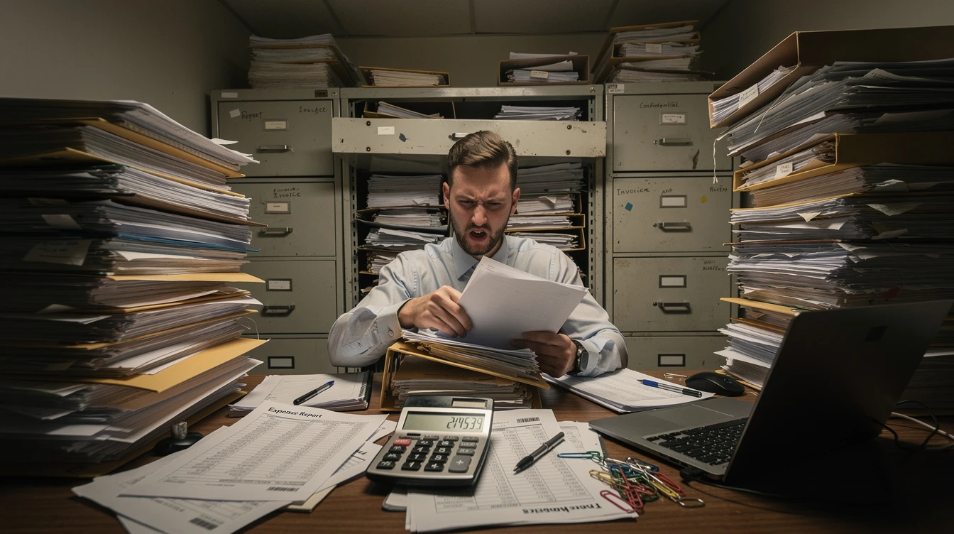 In a dark office, a frustrated worker holds documents and sits at a messy desk with tall stacks of paperwork and overflowing filing cabinets in the background.