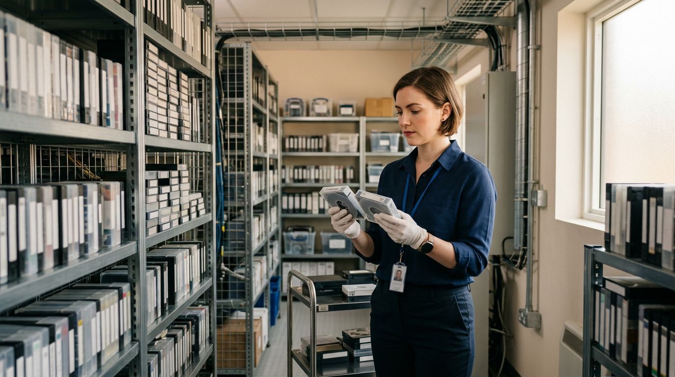 Employee in gloves inspecting data tape cartridges in a storage room lined with shelves of archived media.