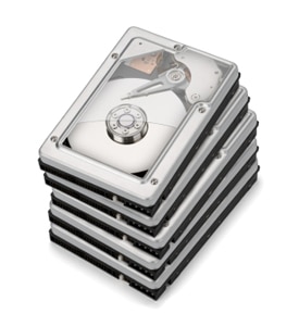 A stack of five hard drives